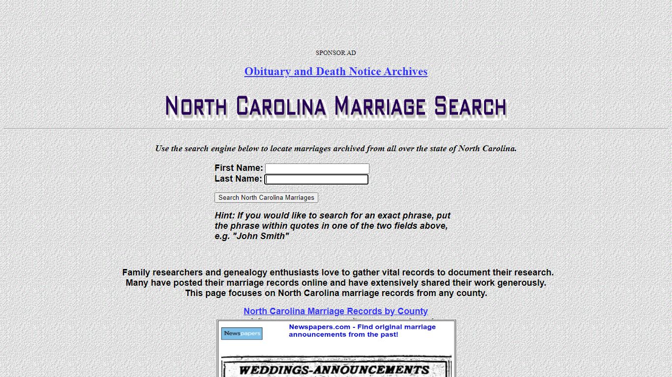 GenLookups.com - North Carolina Marriages Search Engine